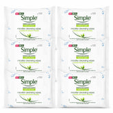 Four packages of Simple brand micellar cleansing wipes on a white background