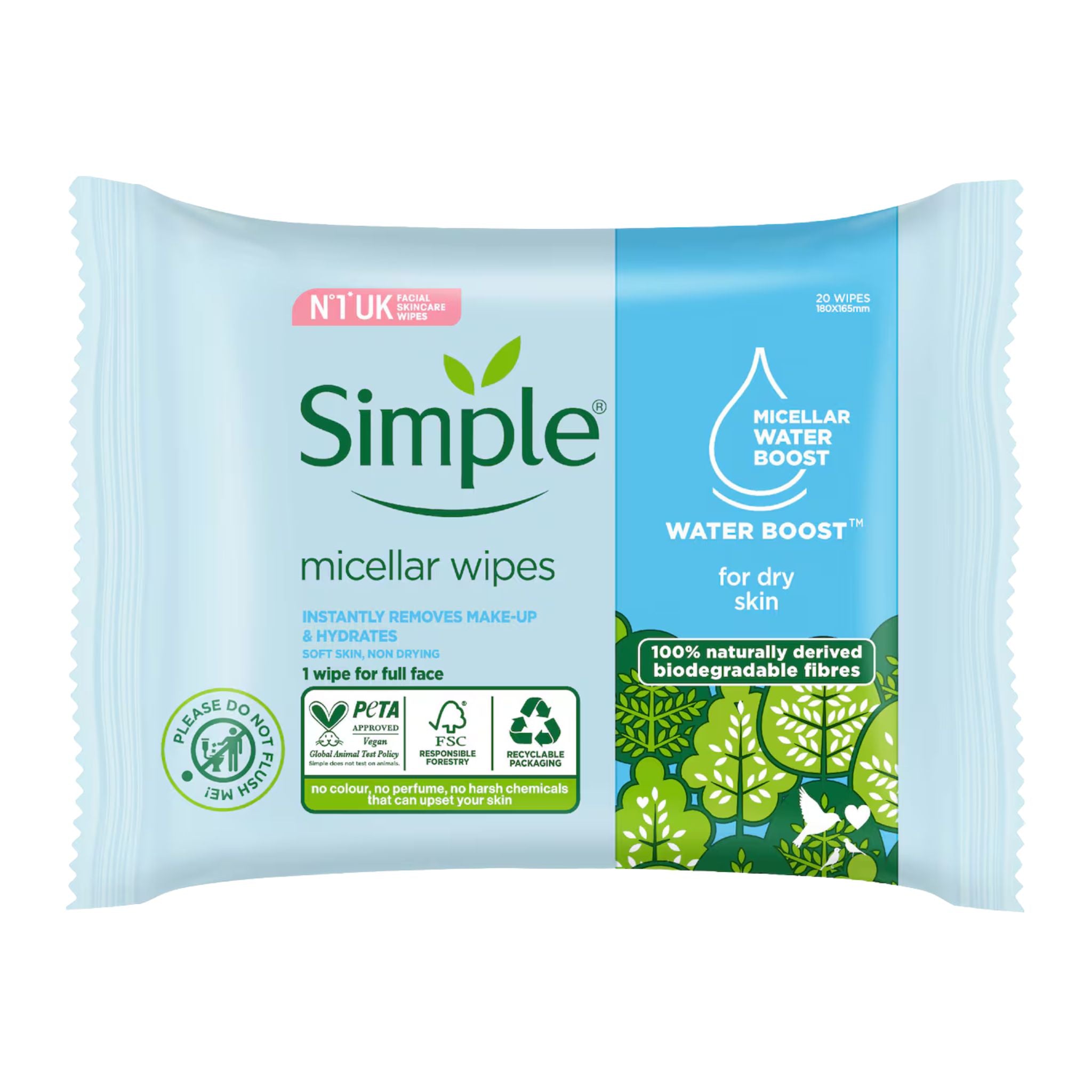 Package of Simple micellar wipes for dry skin on a white background