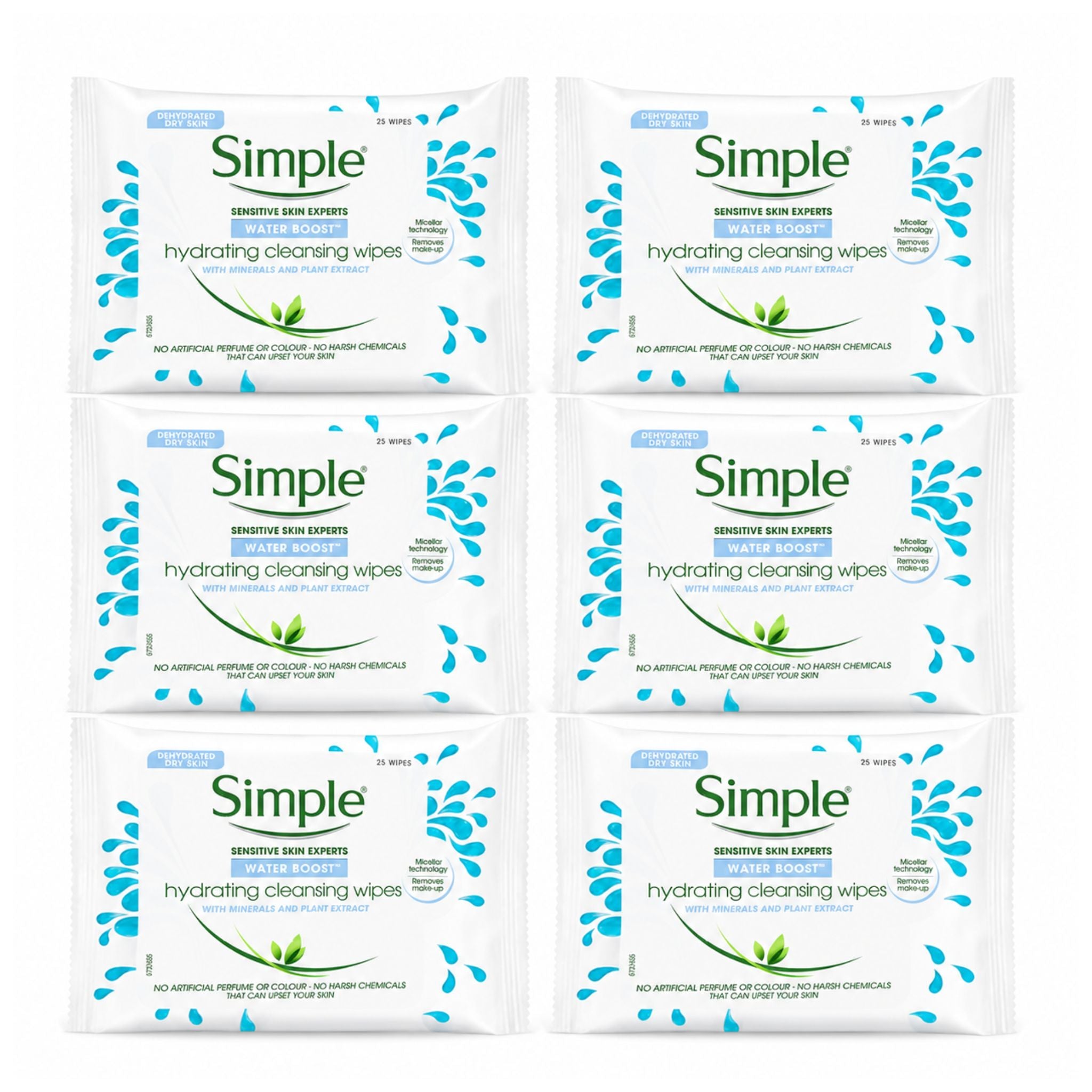 Multiple packages of Simple hydrating cleansing wipes on a white background