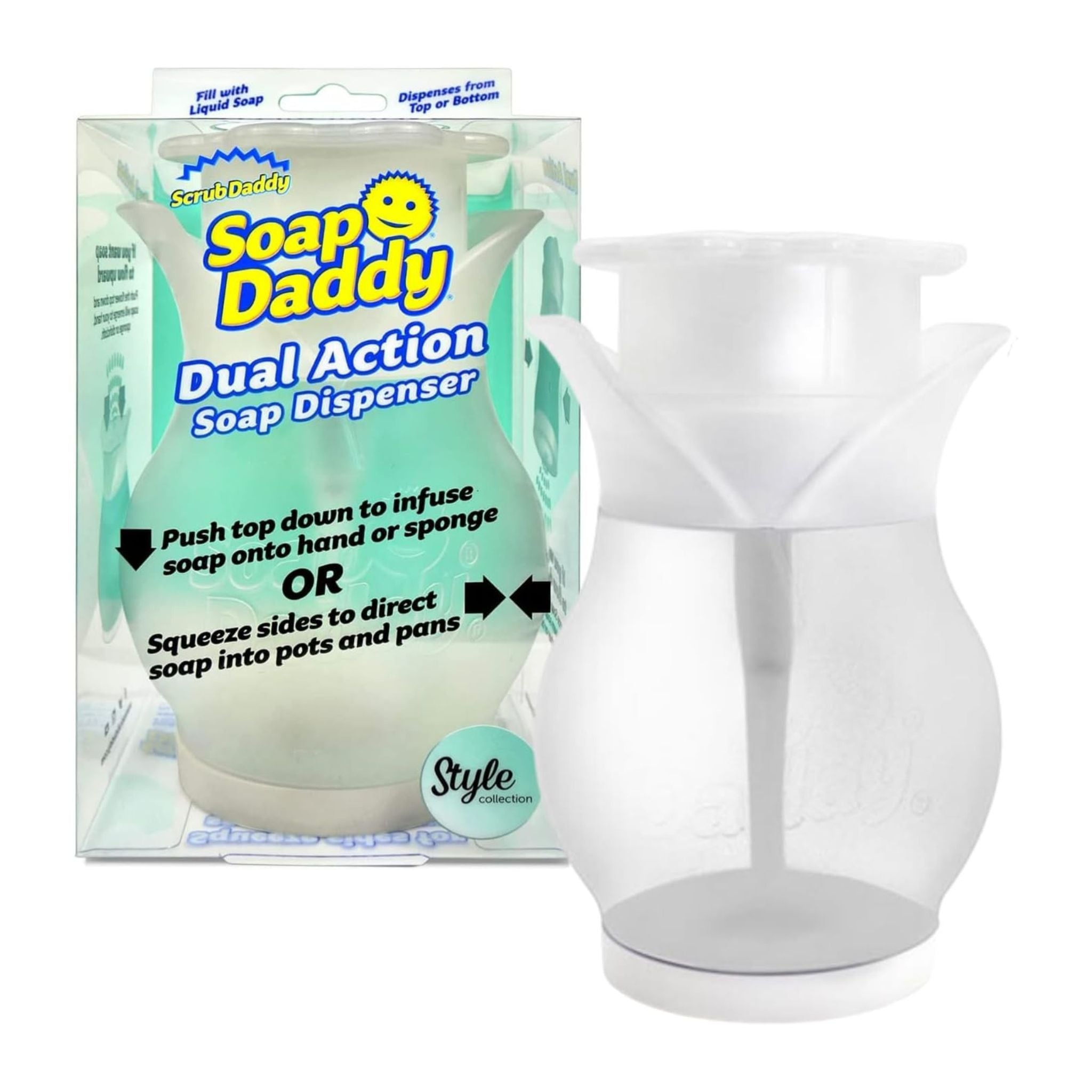 Soap Daddy dual action soap dispenser with packaging on a white background