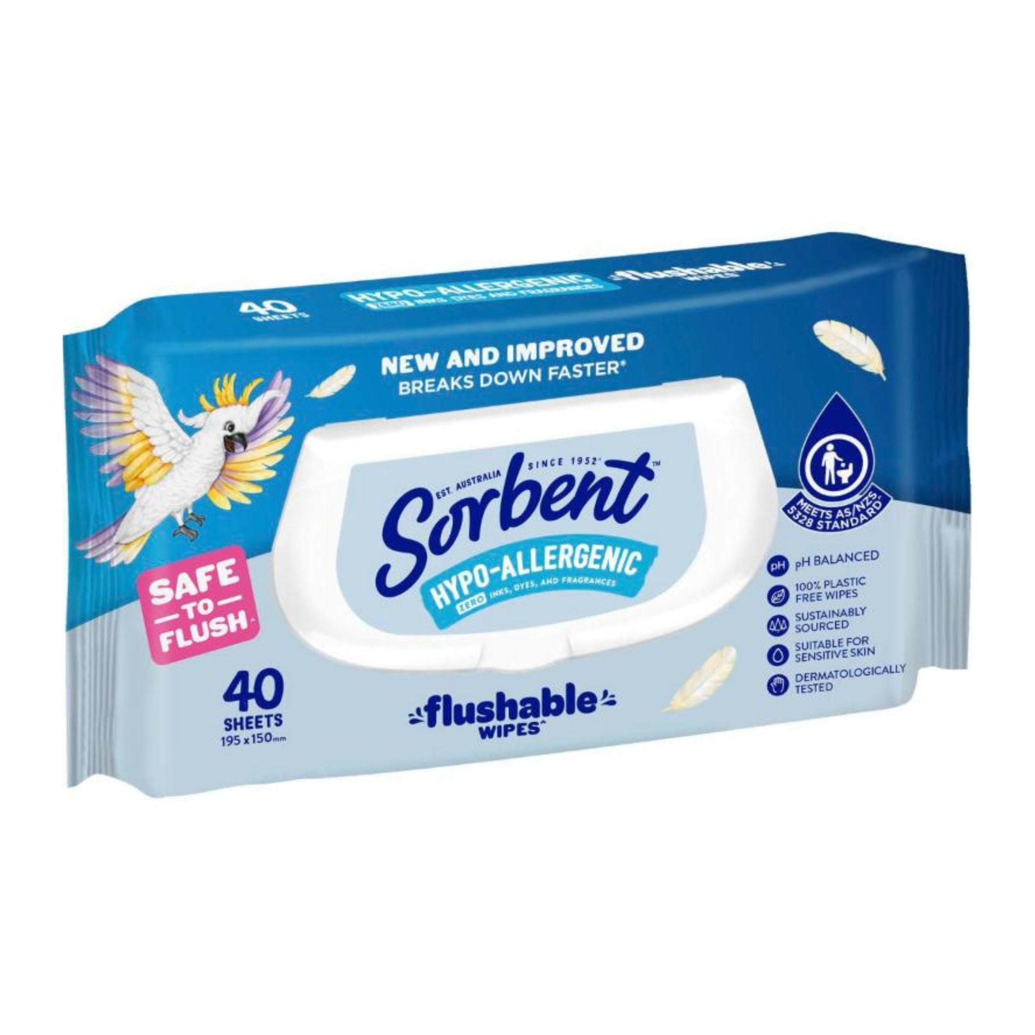 Package of Sorbent flushable wipes with branding and product details on a white background