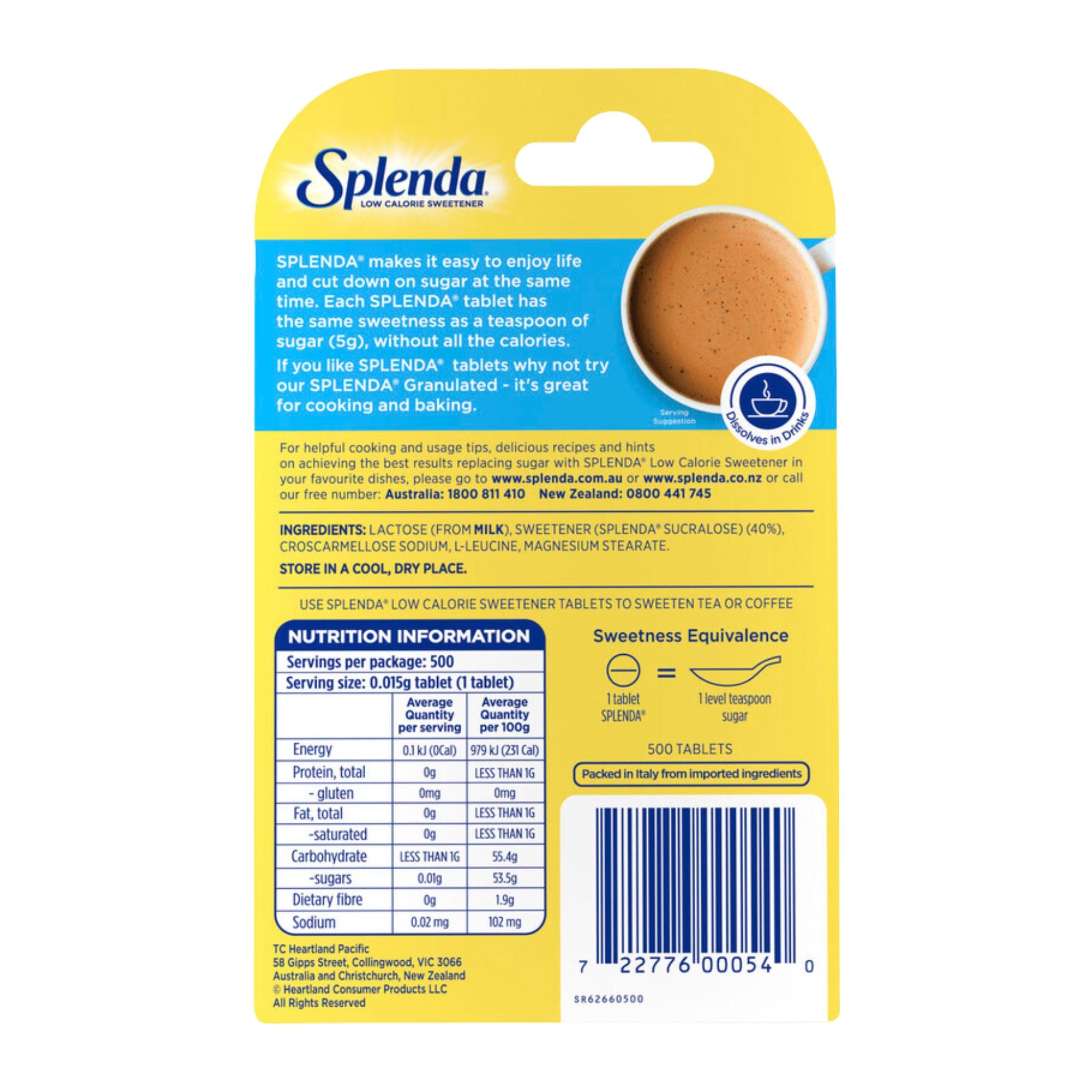 Back view of Splenda Low Calorie Sweetener 500 tablet dispenser