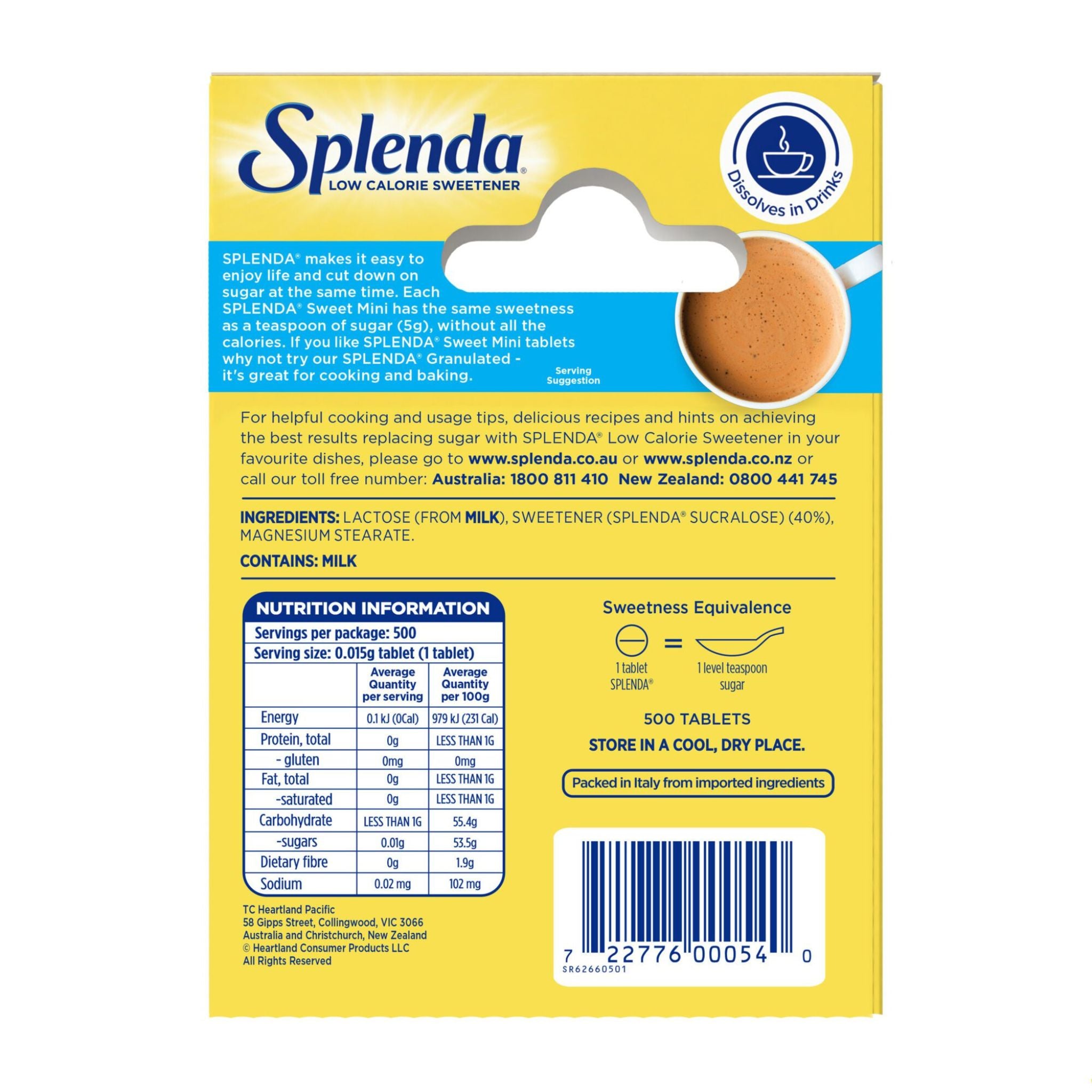 Back packaging of Splenda Low Calorie Sweetener, showing the yellow and white box with product details, ingredients, nutrition facts, and a barcode.