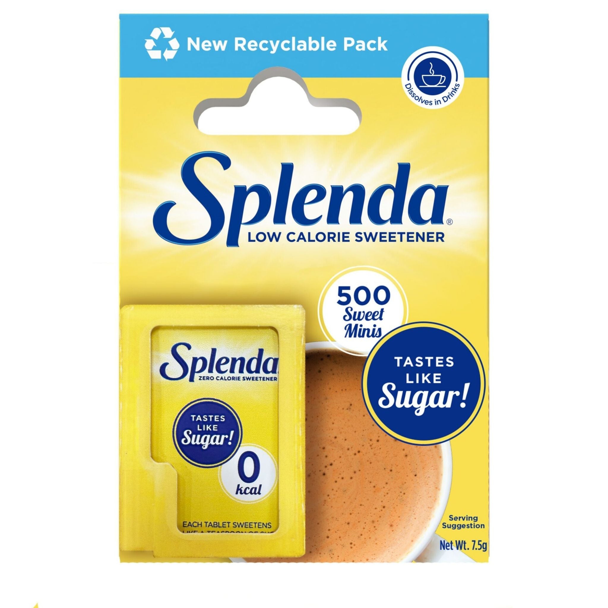 A package of Splenda Low Calorie Sweetener featuring a single yellow sweetener packet and a cup of coffee, on a white background.