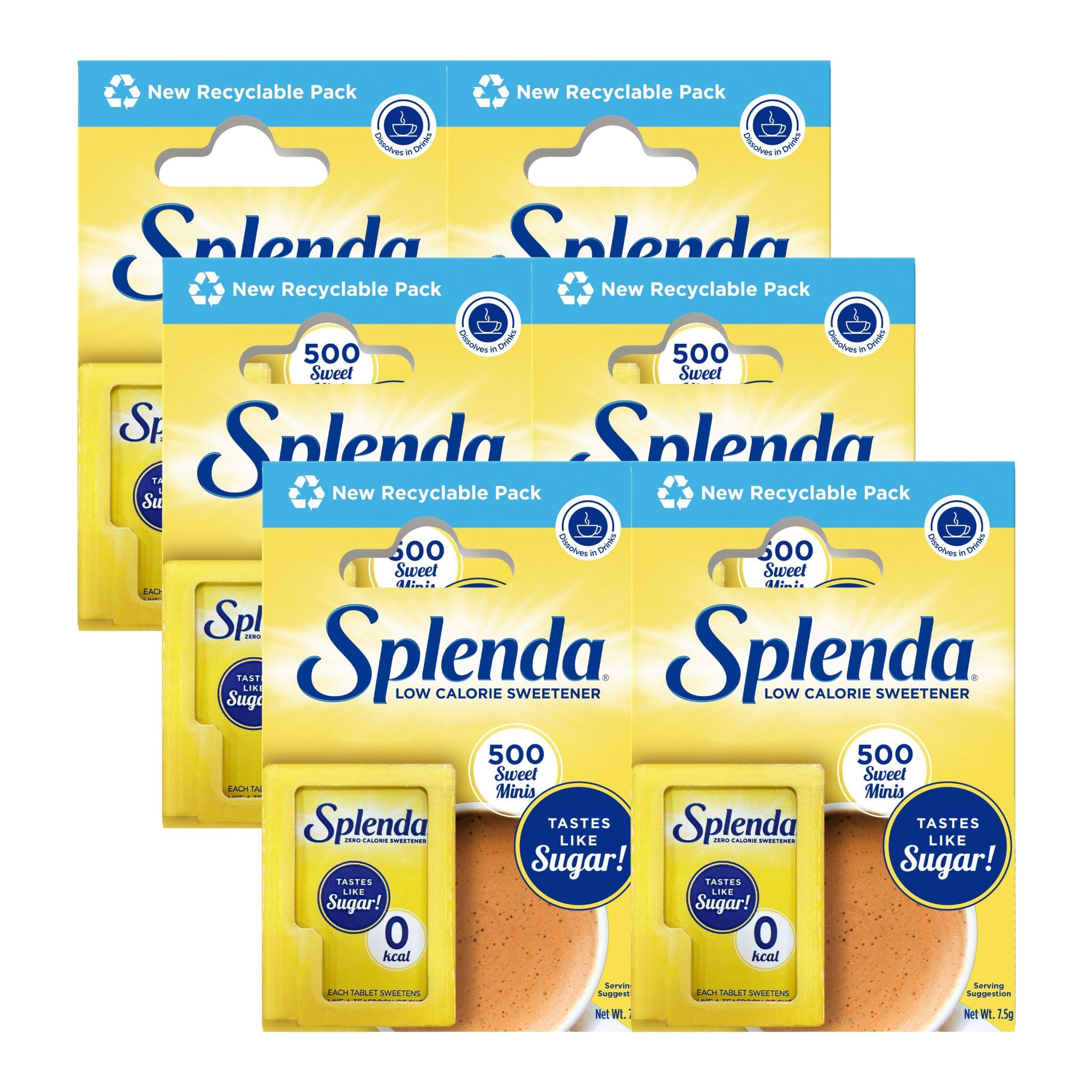 Six packages of Splenda Low Calorie Sweetener arranged in a staggered fan layout on a white background. The yellow and blue packaging highlights 'New Recyclable Pack', '500 Sweet', and 'Tastes Like Sugar!'.