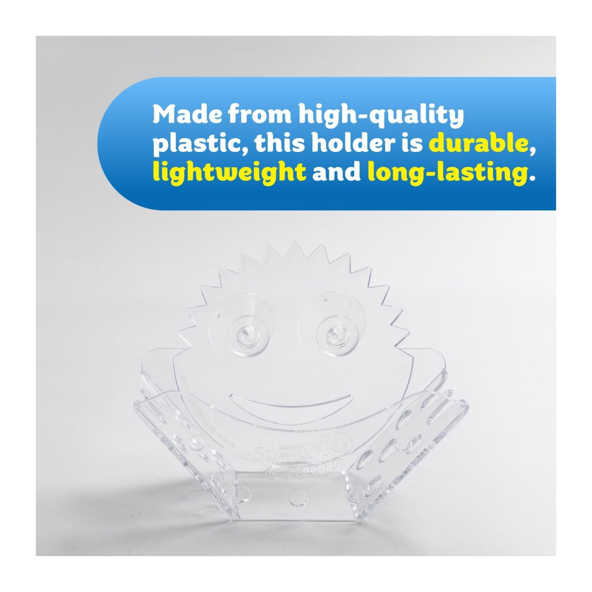 Hand holding a blue multi-purpose sponge with text and icons indicating its uses.