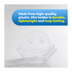 Hand holding a blue multi-purpose sponge with text and icons indicating its uses.