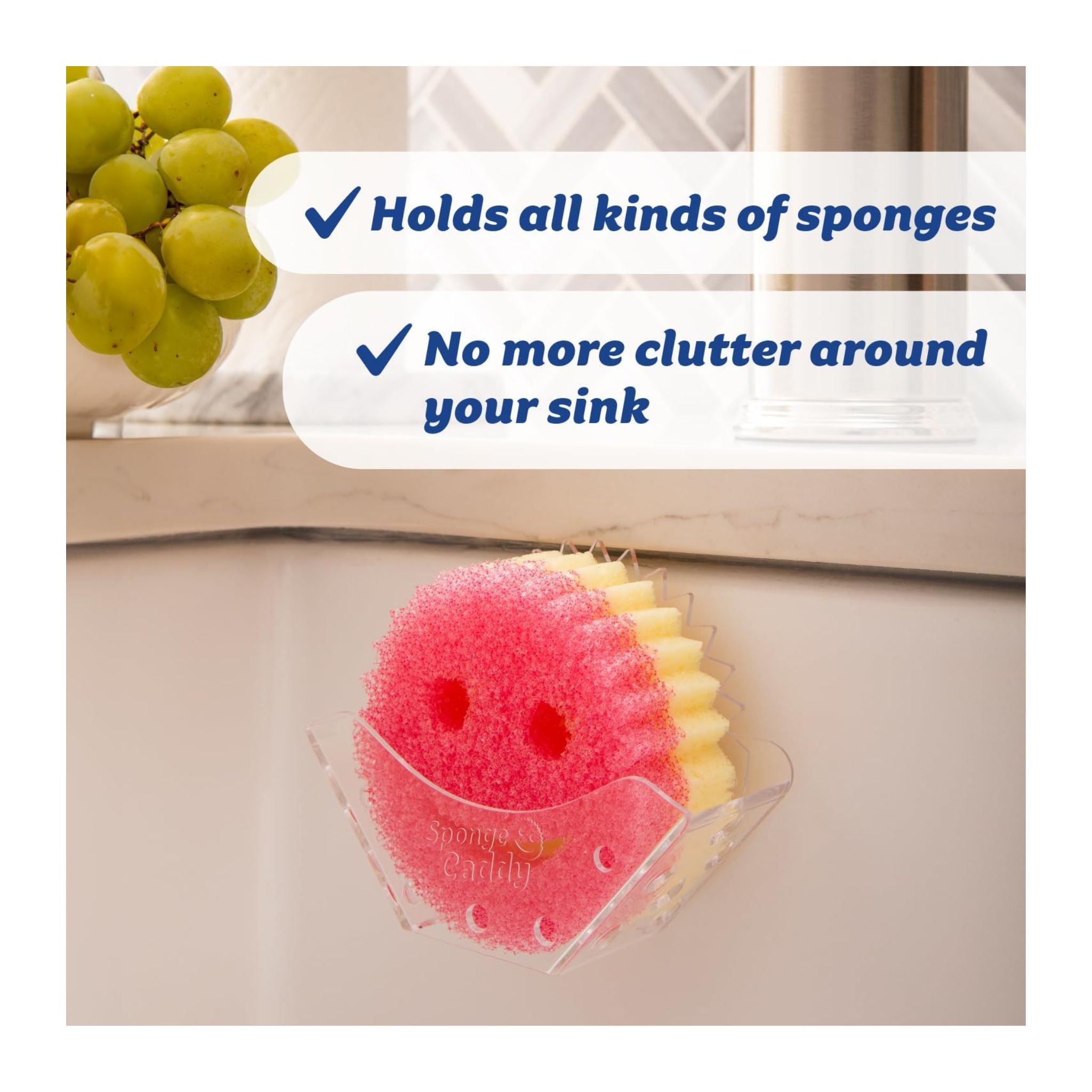 Pink smiley face sponge in a clear holder on a kitchen counter with text about sponge storage.