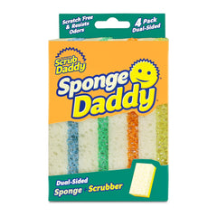 Packaging of Scrub Daddy dual-sided sponge scrubber with four sponges inside.