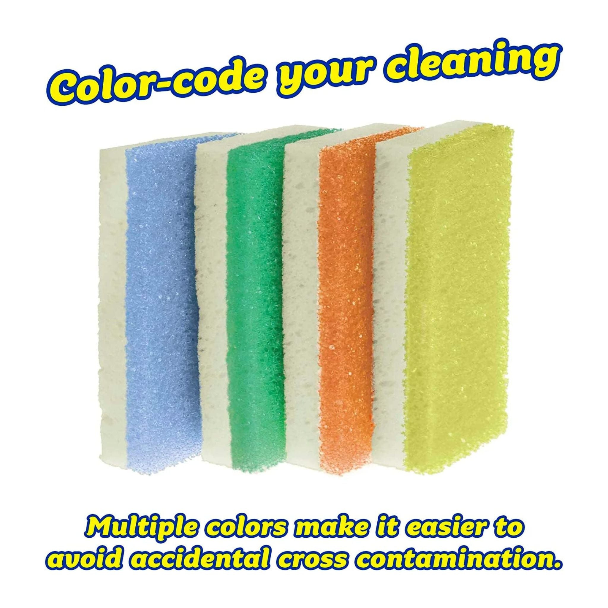 Set of color-coded cleaning sponges with text on a white background