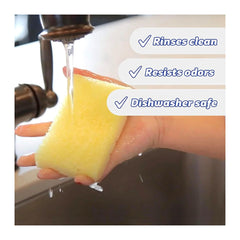 Yellow sponge being rinsed under running water with text indicating its features.