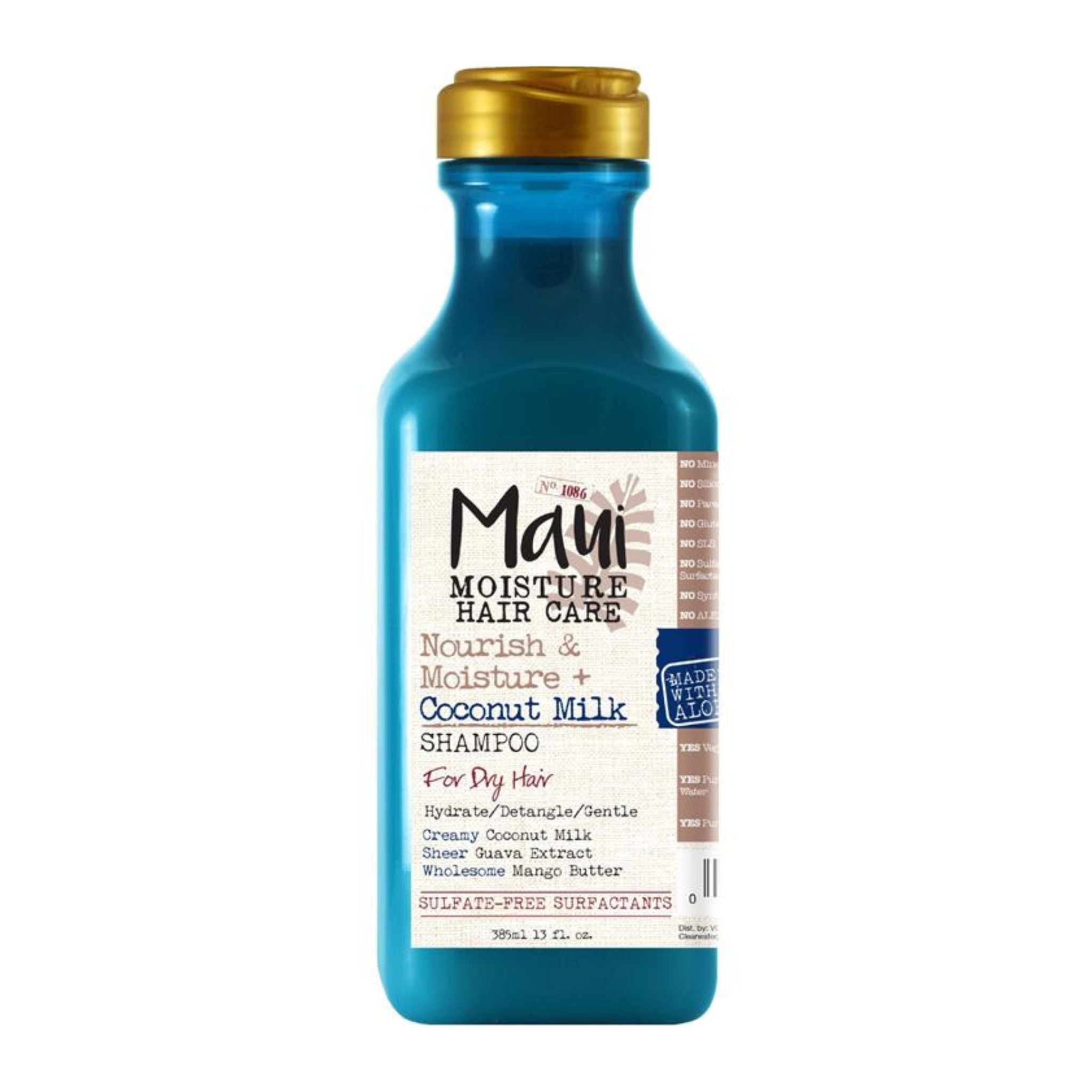 Blue shampoo bottle with gold cap labeled 'Maui Moisture Hair Care' on a white background