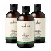 Three bottles of Sukin Micellar Cleansing Water on a white background