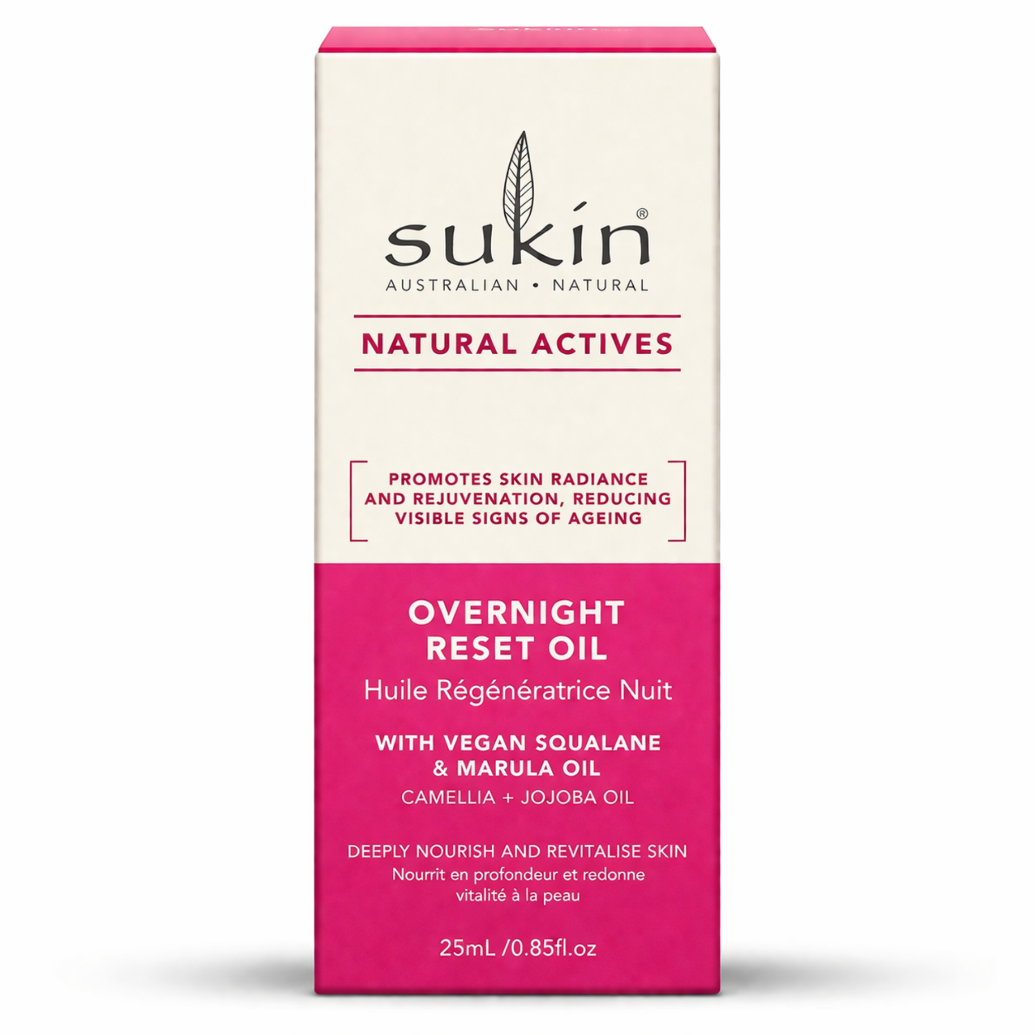 Sukin Overnight Reset Oil packaging on a white background