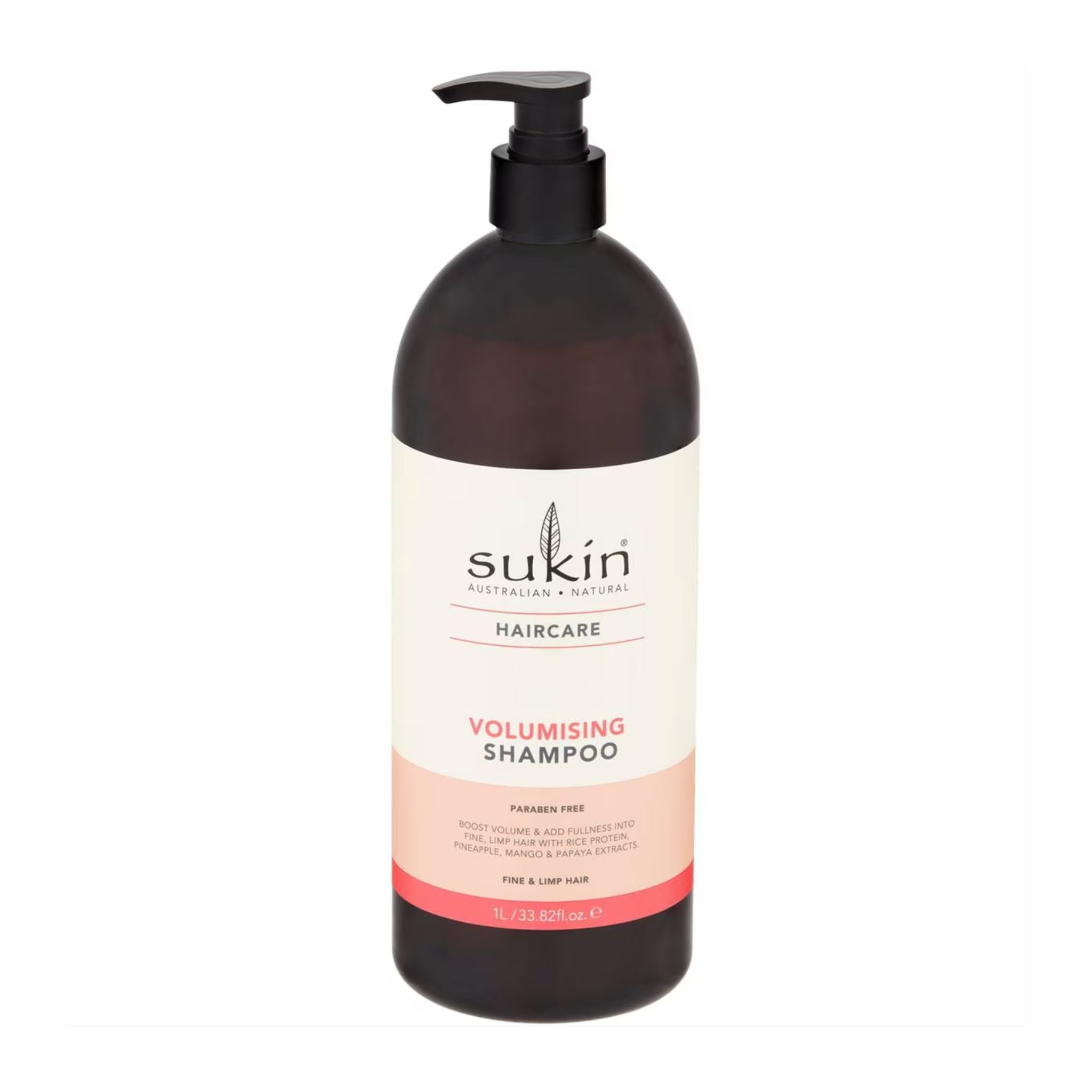 Sukin volumising shampoo bottle on a white background