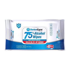 Front view of SwissCare 75% Alcohol Antibacterial Wipes 12 pack