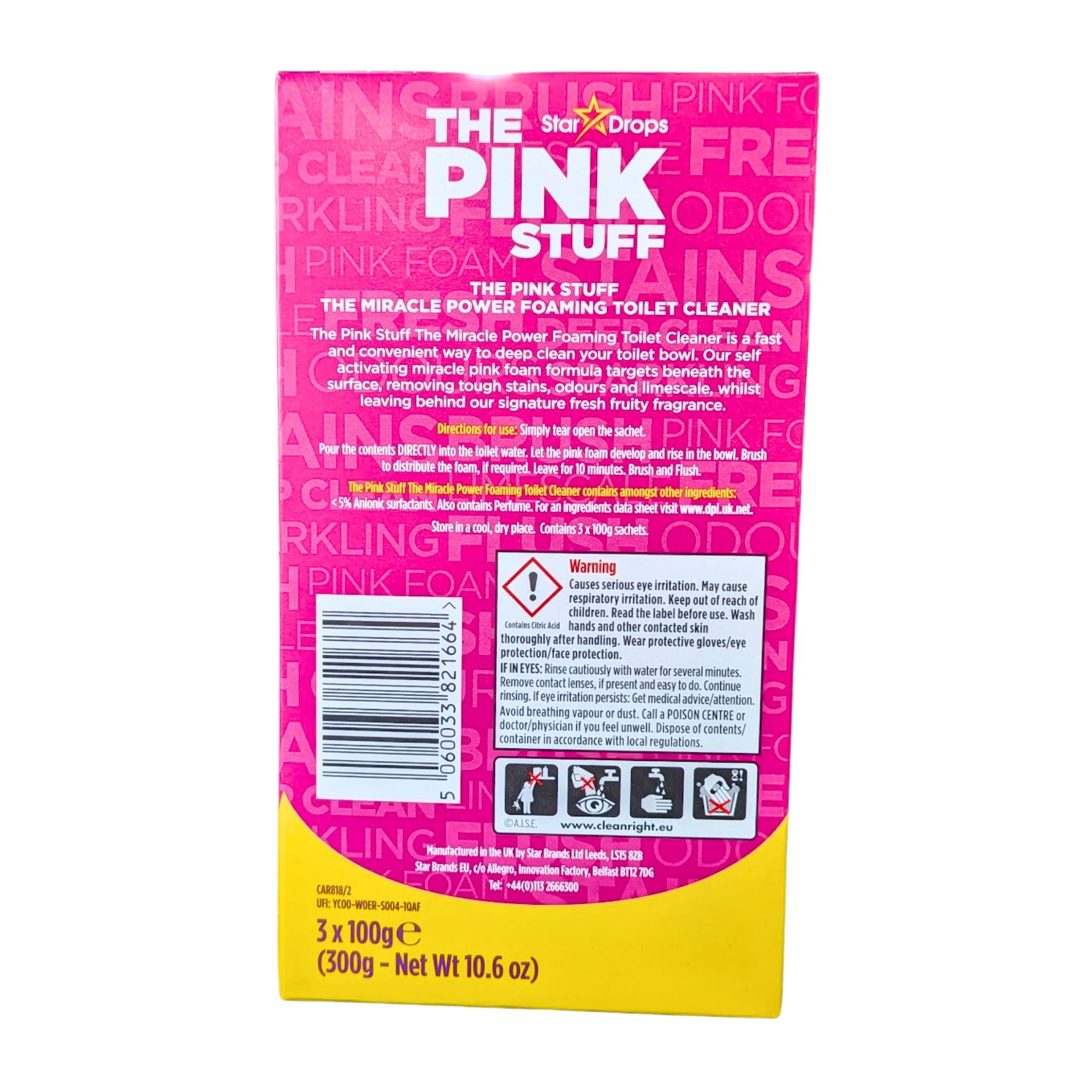 Back of a box of 'The Pink Stuff' toilet cleaner with pink and yellow design.