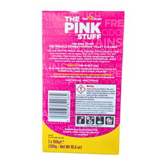 Back of a box of 'The Pink Stuff' toilet cleaner with pink and yellow design.