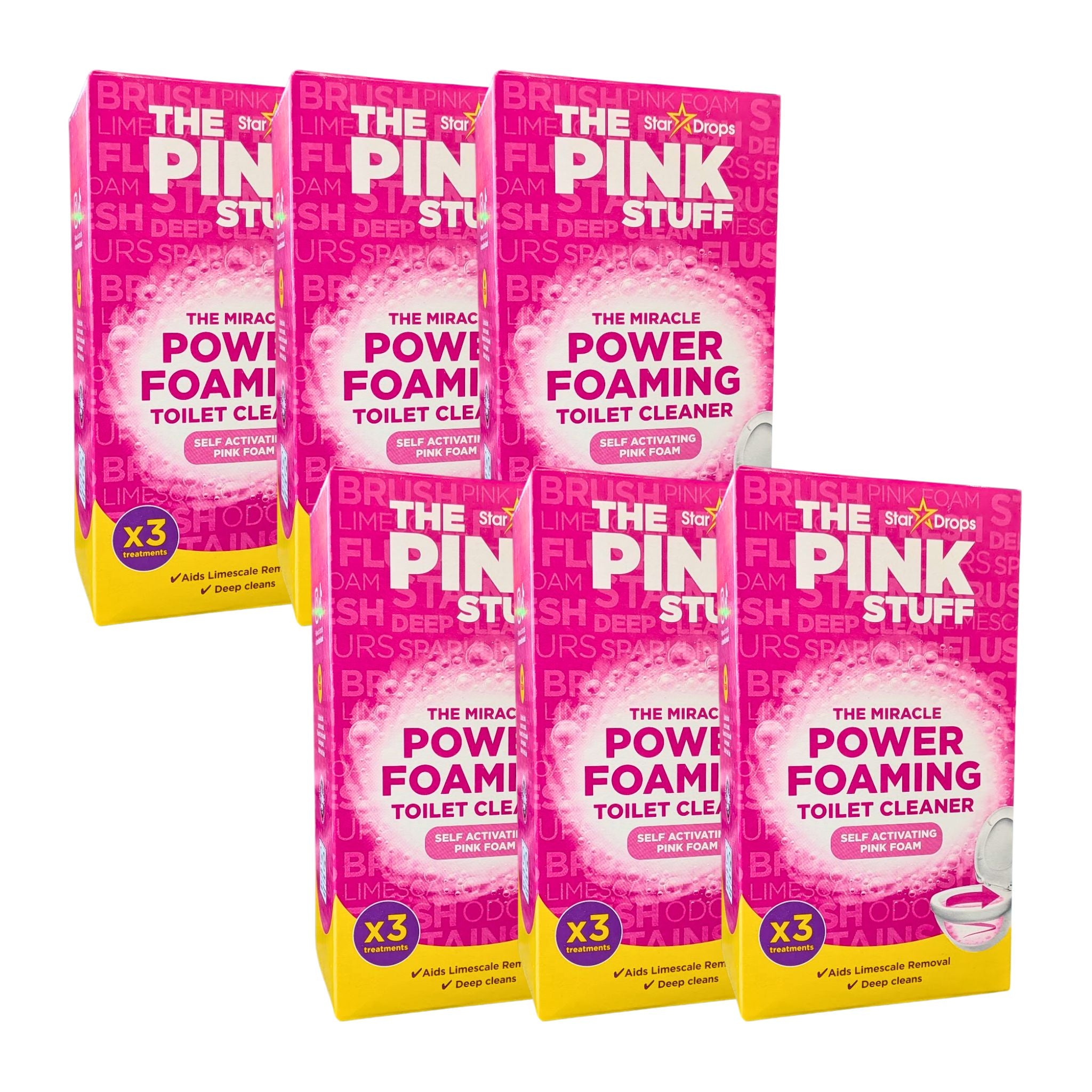Five boxes of 'The Pink Stuff' power foaming toilet cleaner on a white background
