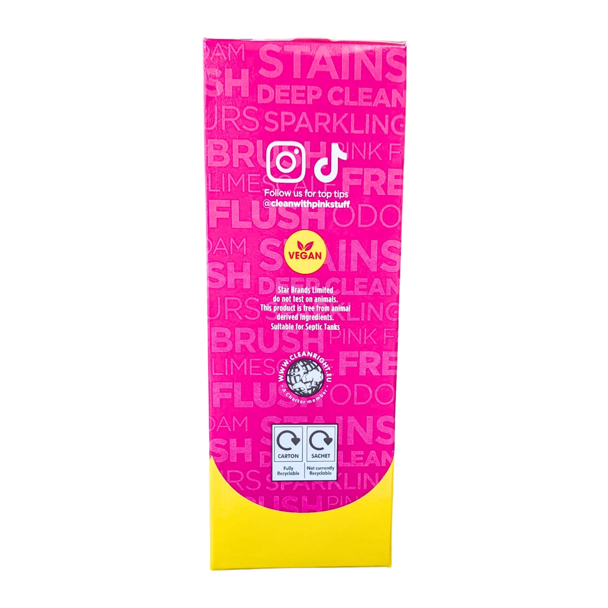 Pink and yellow cleaning product packaging with TikTok logo and text.