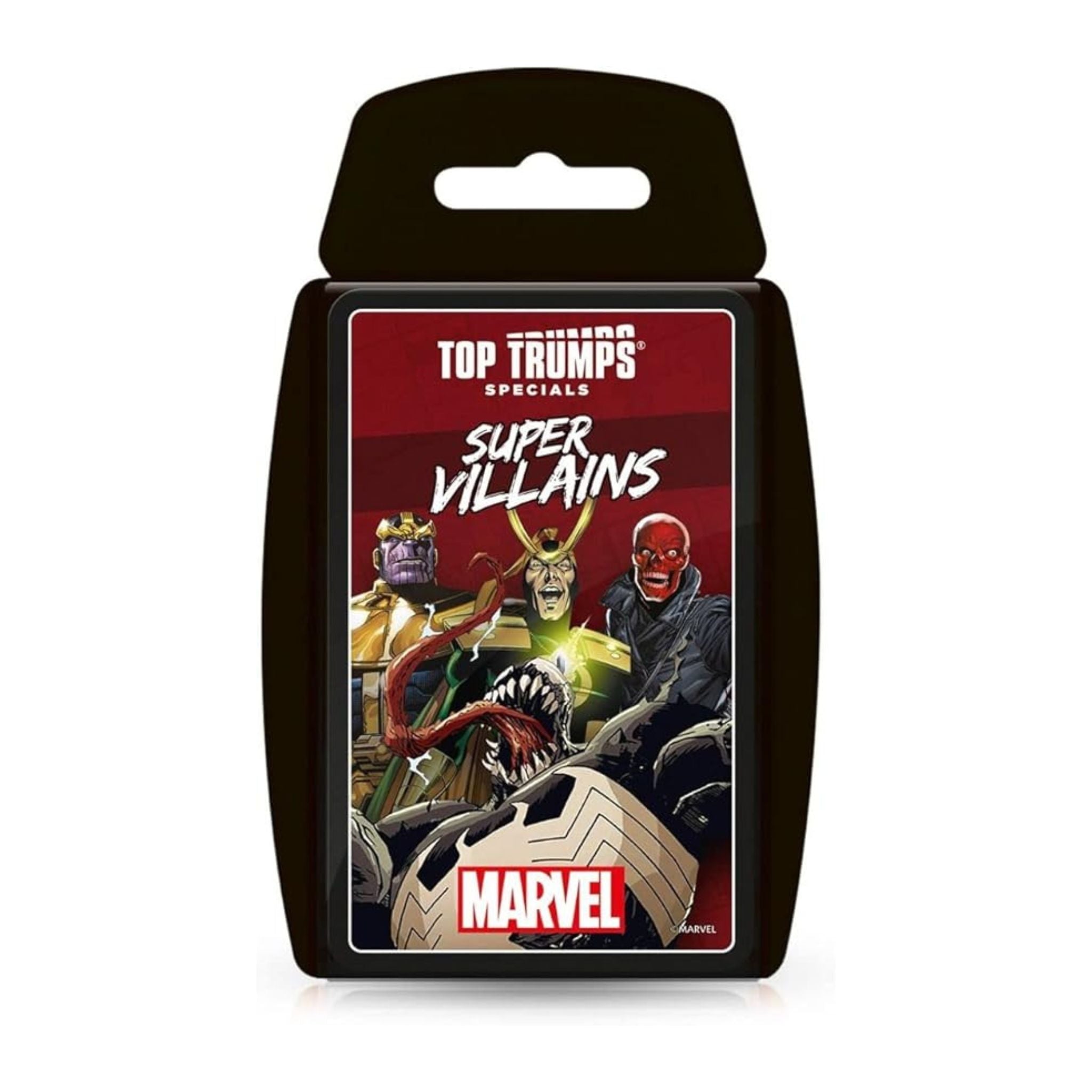 Marvel Top Trumps Super Villains card game packaging on a white background