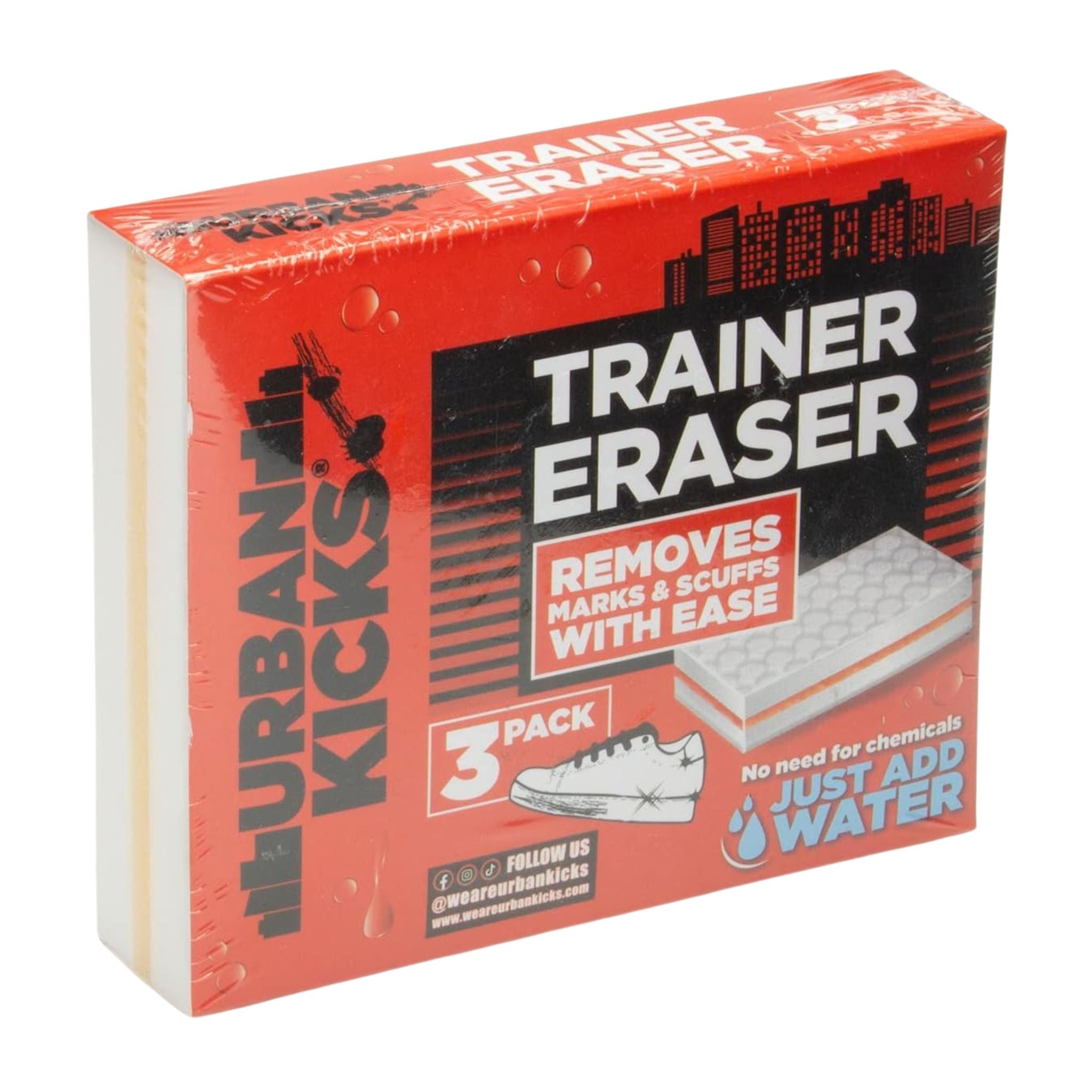Box of Urban Kicks Trainer Eraser with red and black design