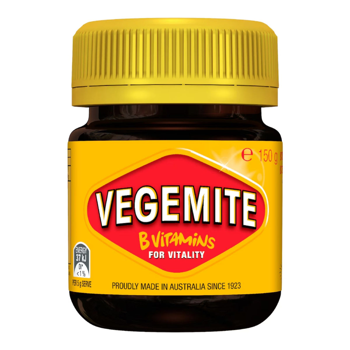A jar of Vegemite B Vitamins for Vitality, featuring a bright yellow ribbed lid and a yellow label with a red central logo, set against a plain white background.
