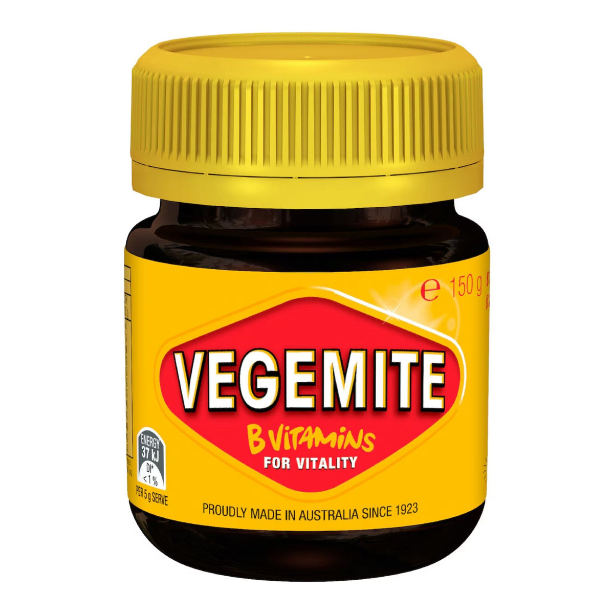 A jar of Vegemite B Vitamins for Vitality, featuring a bright yellow cap and a yellow label with a red logo, set against a plain white background.