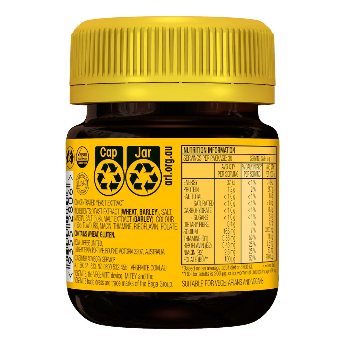 Back label of a Cap Jar protein powder supplement bottle, showing nutrition information, ingredients, and certification logos on a white background.
