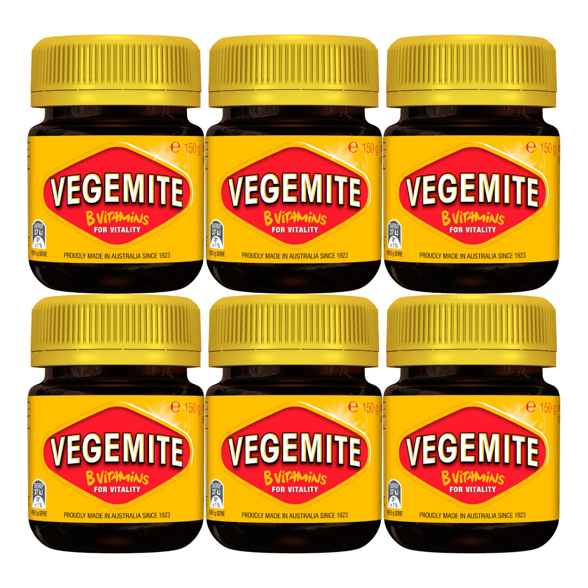 Six jars of Vegemite B12 Vitamins for Vitality arranged in a 2x3 grid on a plain white background.