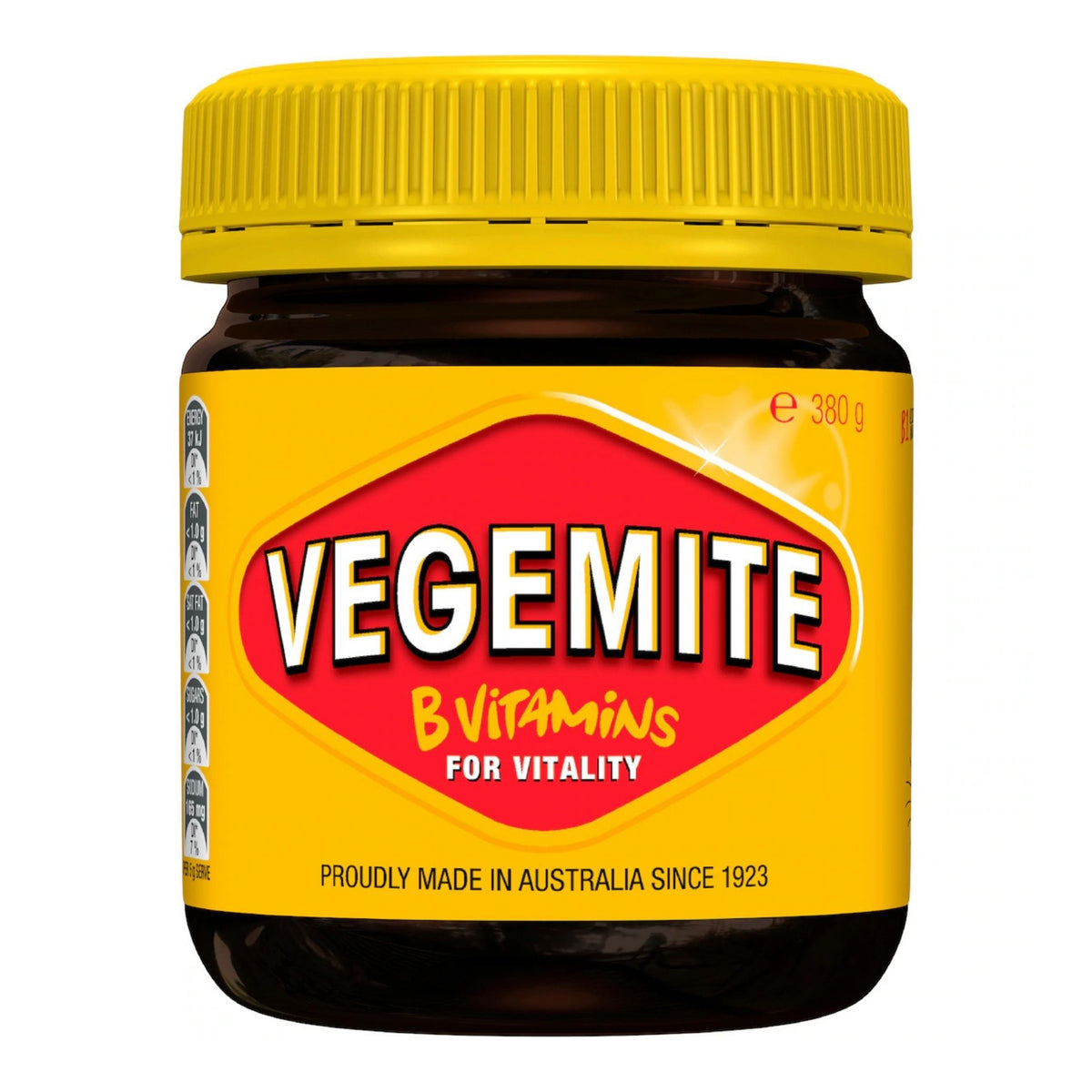 A jar of Vegemite B Vitamins for Vitality spread, featuring a bright yellow lid and a yellow label with a red central logo, set against a plain white background.