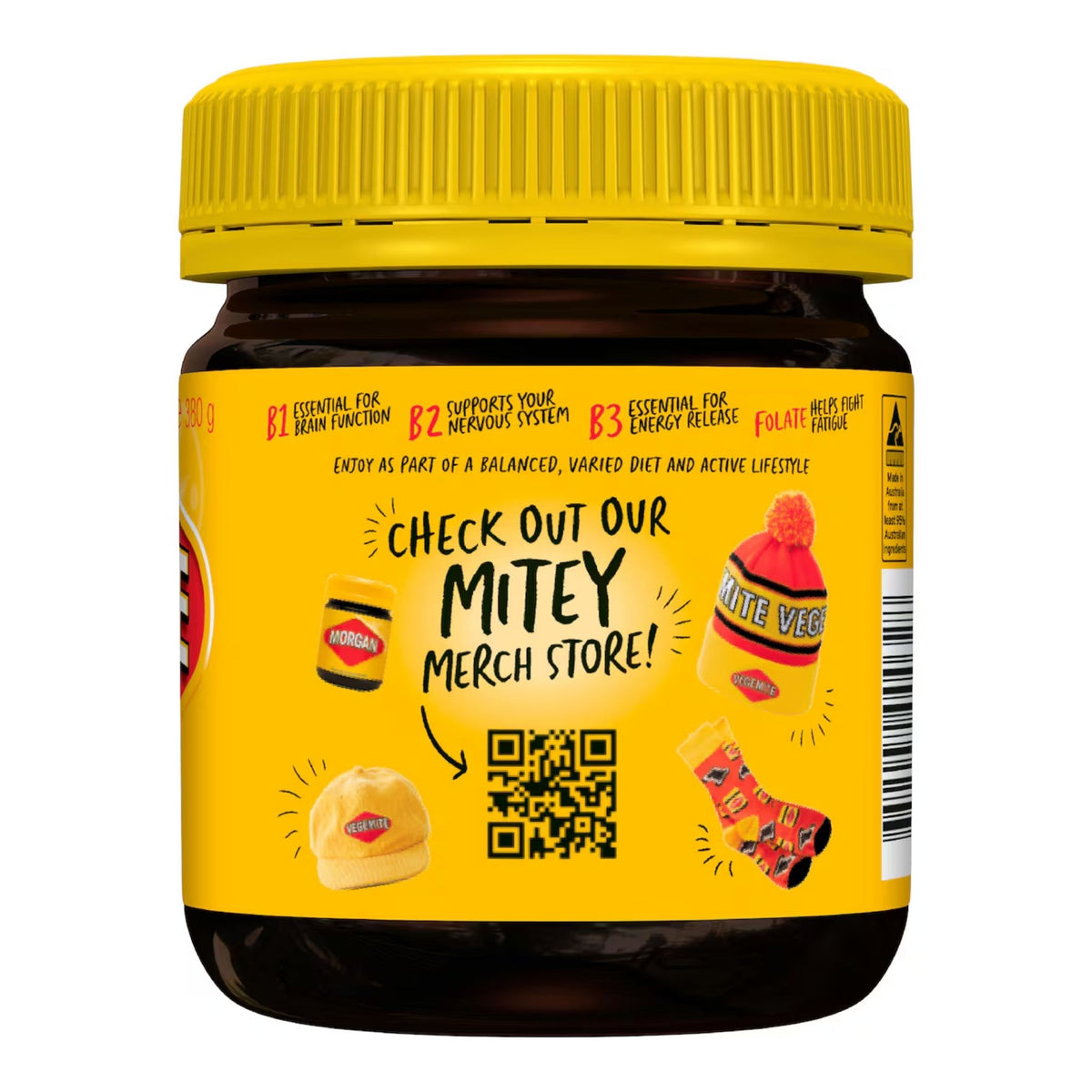 A jar of Mitey Peanut Butter with a bright yellow label and matching yellow lid, featuring playful text and illustrations including a QR code and cartoon characters.