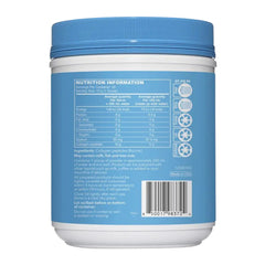 Back view of a blue supplement container with nutrition information and barcode on a white background