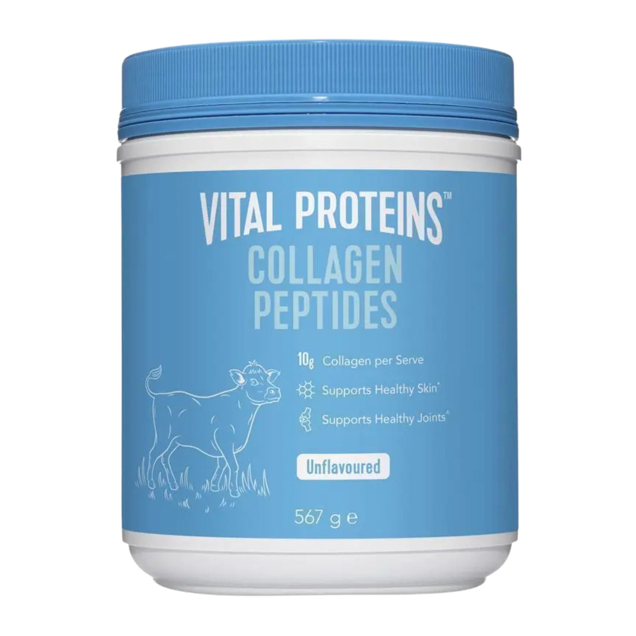 Vital Proteins Collagen Peptides container with blue lid and label on a white background