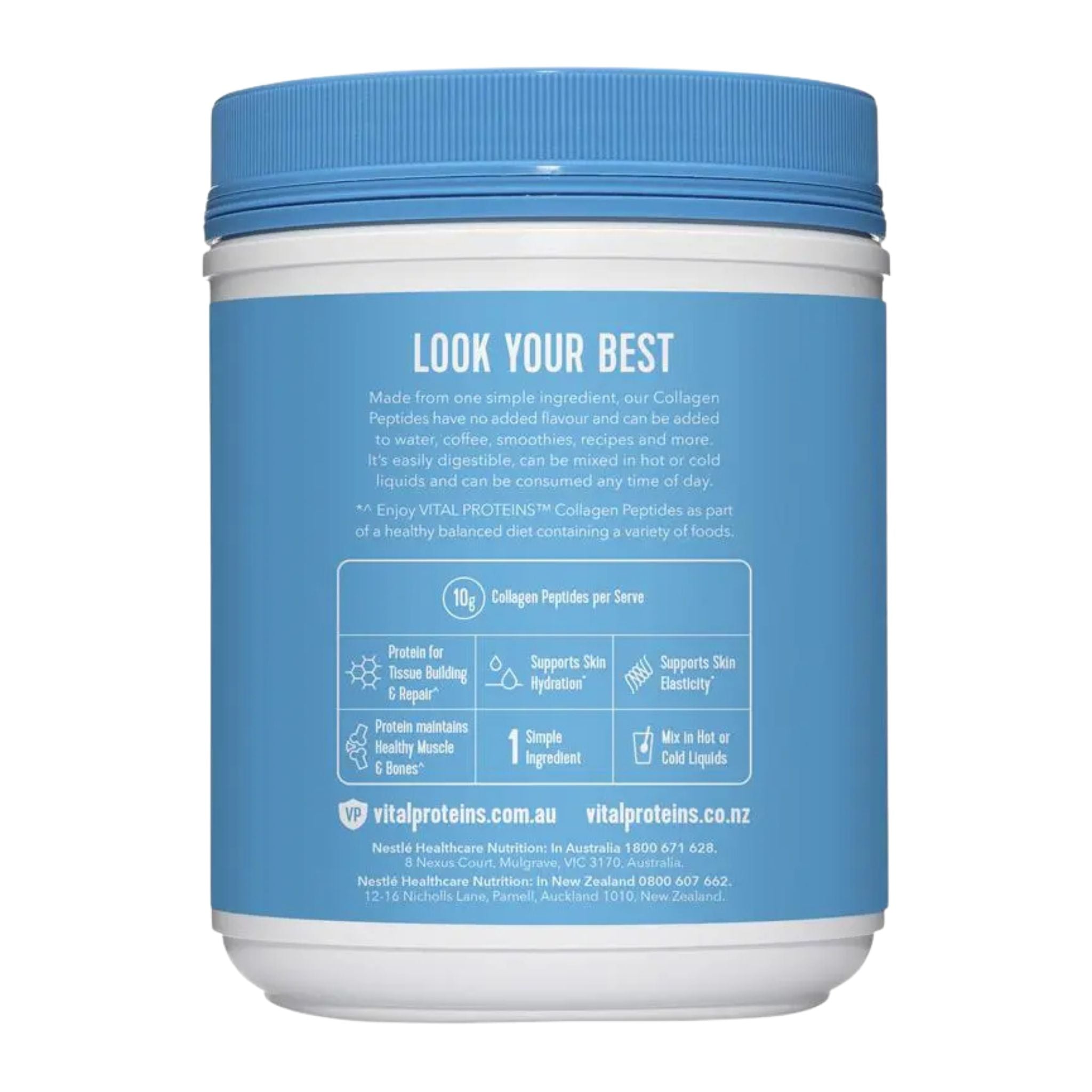 Blue and white container with text and branding on a white background