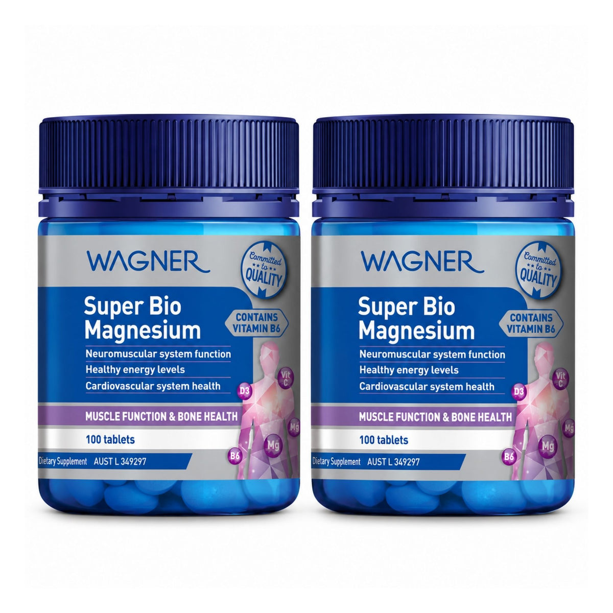 Two bottles of Wagner Super Bio Magnesium dietary supplements side by side on a plain white background.