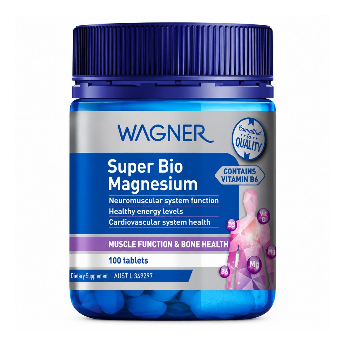 A bottle of Wagner Super Bio Magnesium dietary supplement, featuring a dark blue ribbed cap and a label with blue, silver, and purple sections, containing 100 tablets.