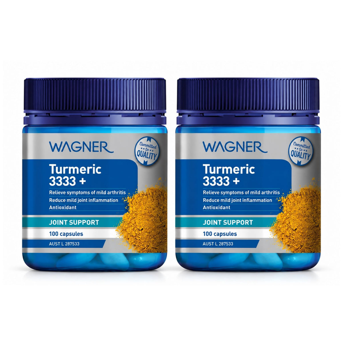 Two bottles of Wagner Turmeric 3333+ Joint Support capsules side by side on a white background. The bottles are dark blue with blue ribbed caps and feature a label with blue, gray, and white sections, alongside a yellow turmeric root graphic.