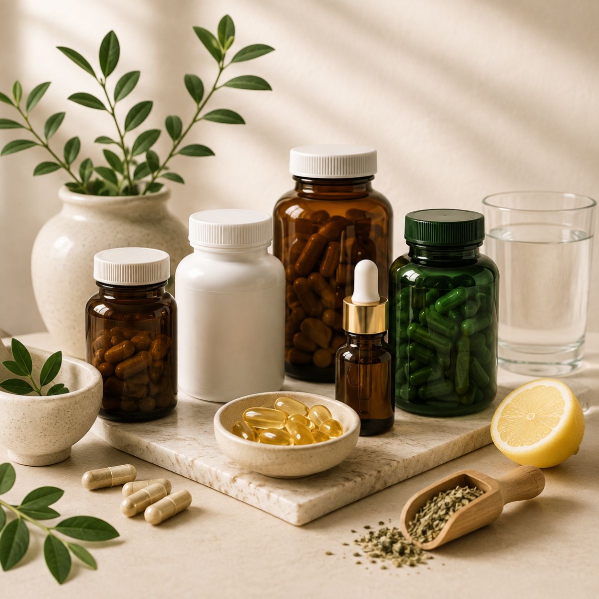 Vitamins and wellness supplements in amber, white and green bottles with capsules, herbs and lemon