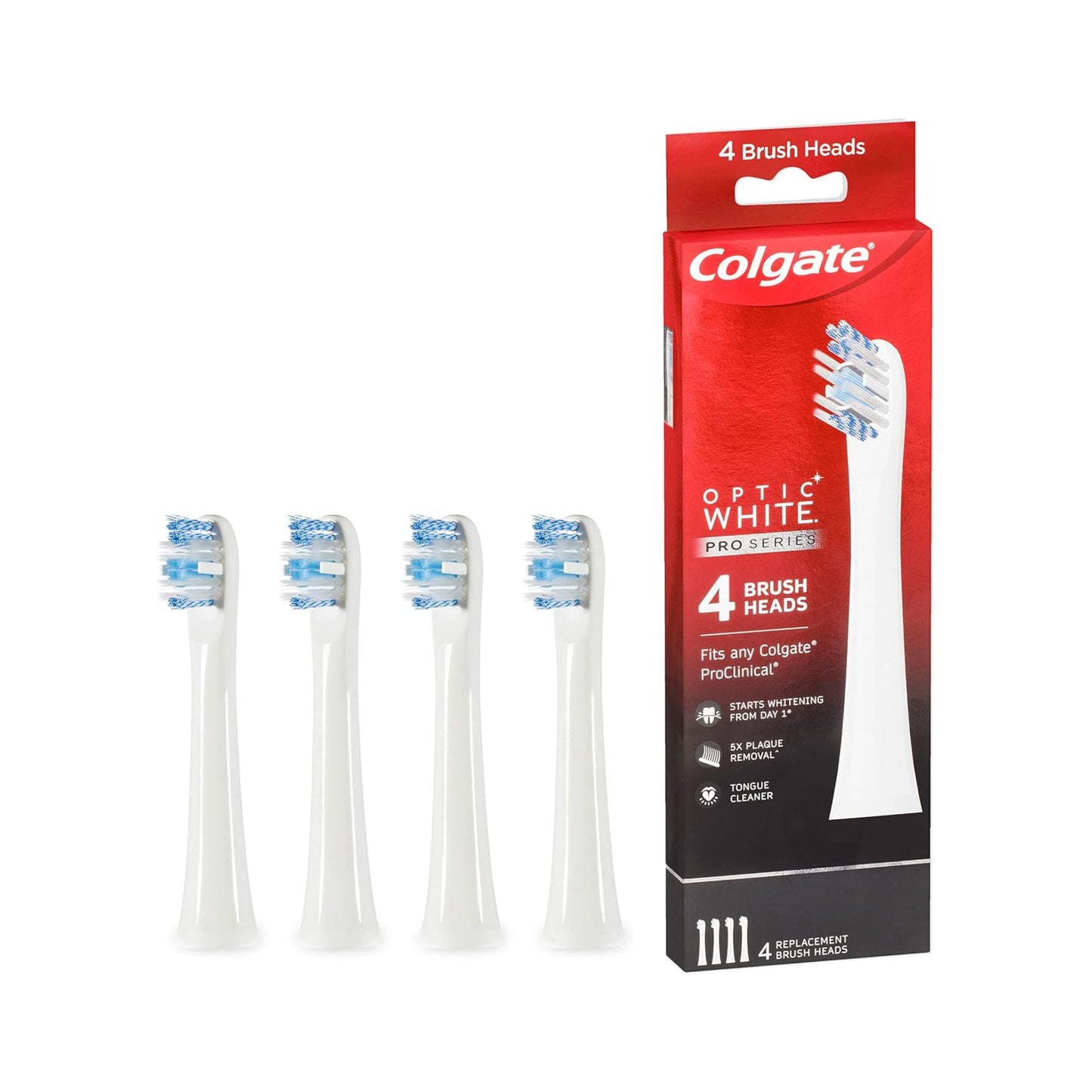Colgate Optic White Pro Series Replaceable Brush Head, for Pro Clinical Electric Toothbrush, 4 Pack, Whitening, Soft Bristles