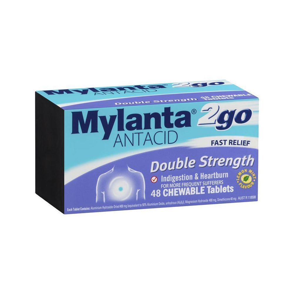 Mylanta 2Go Antacid Double Strength Tablets Lemon Mint 48 Pack