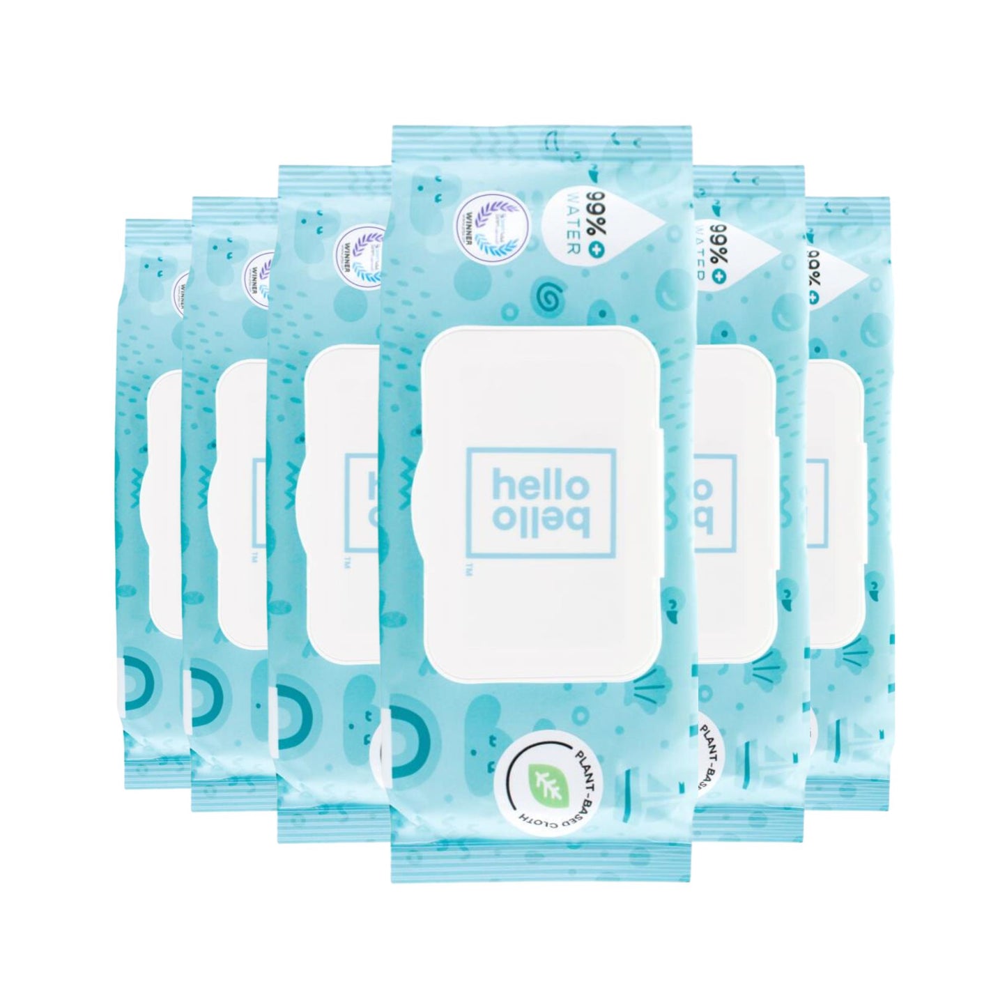 Pack of Hello Bello Premium Quality Baby Wipes with 99% Water, showing 360 wipes (6 x 60 packs) in eco-friendly packaging, highlighting its purity and gentleness for baby care.