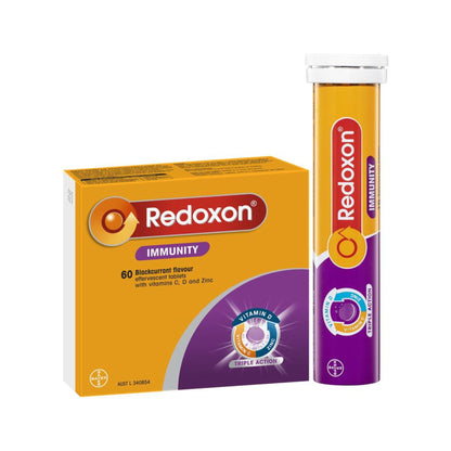 Pack of 60 Redoxon Immunity Vitamin C, D and Zinc Blackcurrant Flavoured Effervescent Tablets, immune support supplement