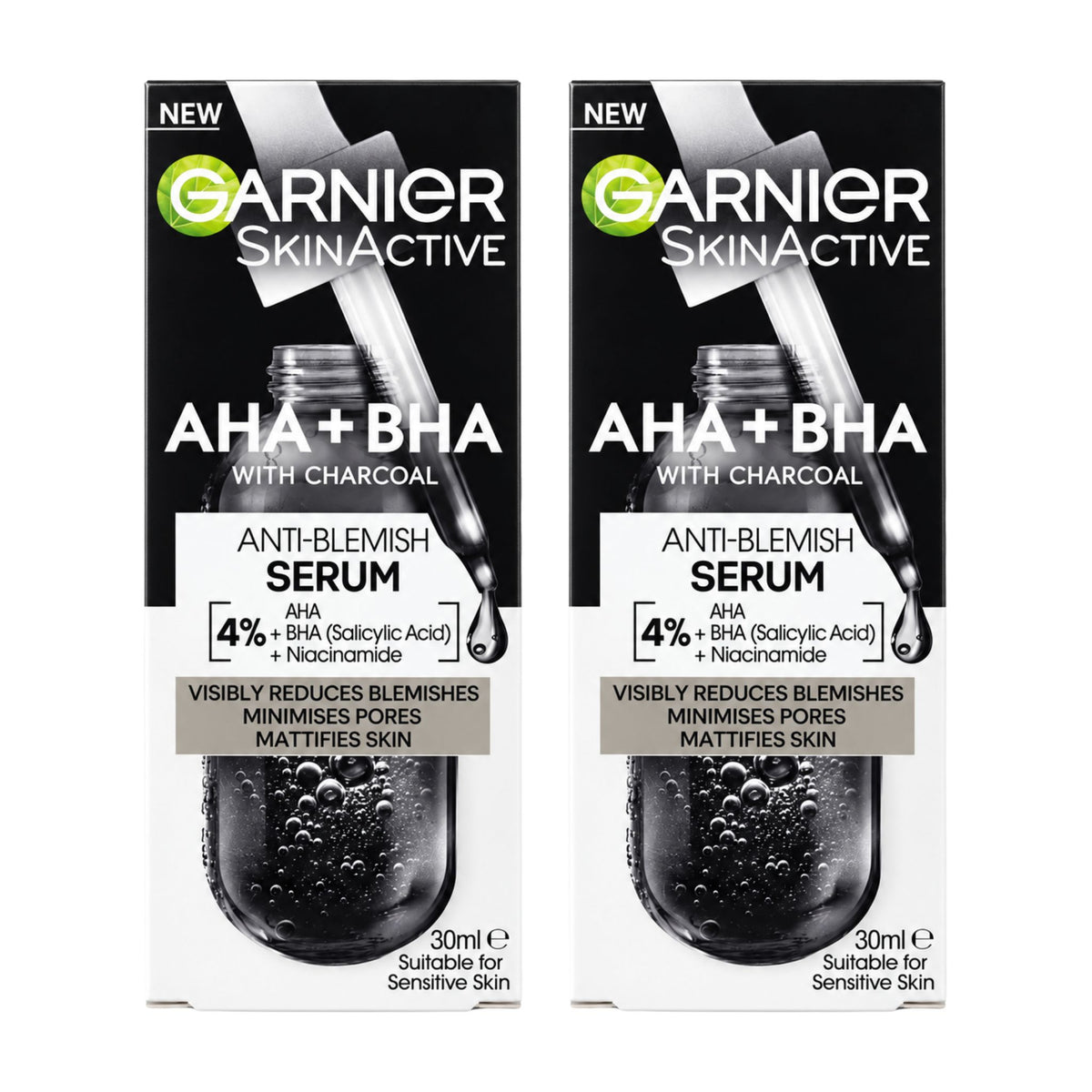 Two boxes of Garnier SkinActive AHA+BHA with Charcoal Anti-Blemish Serum side by side on a white background.