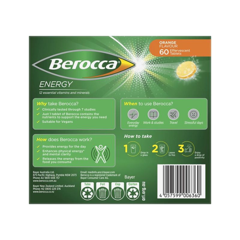 Berocca Energy Orange Flavour Effervescent Tablets - 60 Pack