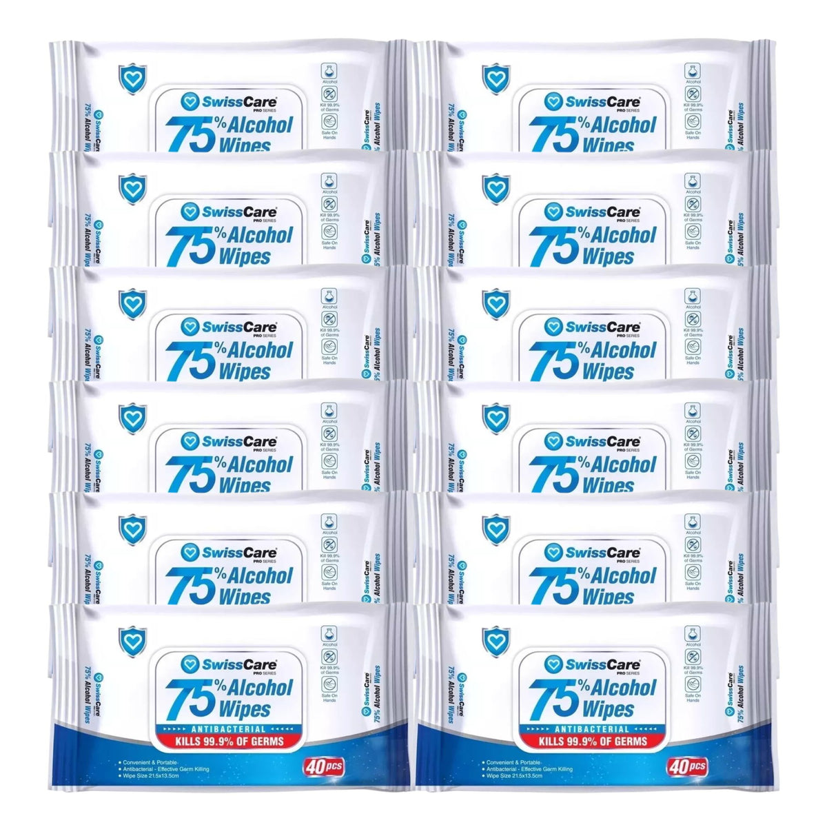 Pack of SwissCare 75% Alcohol Wipes on a white background