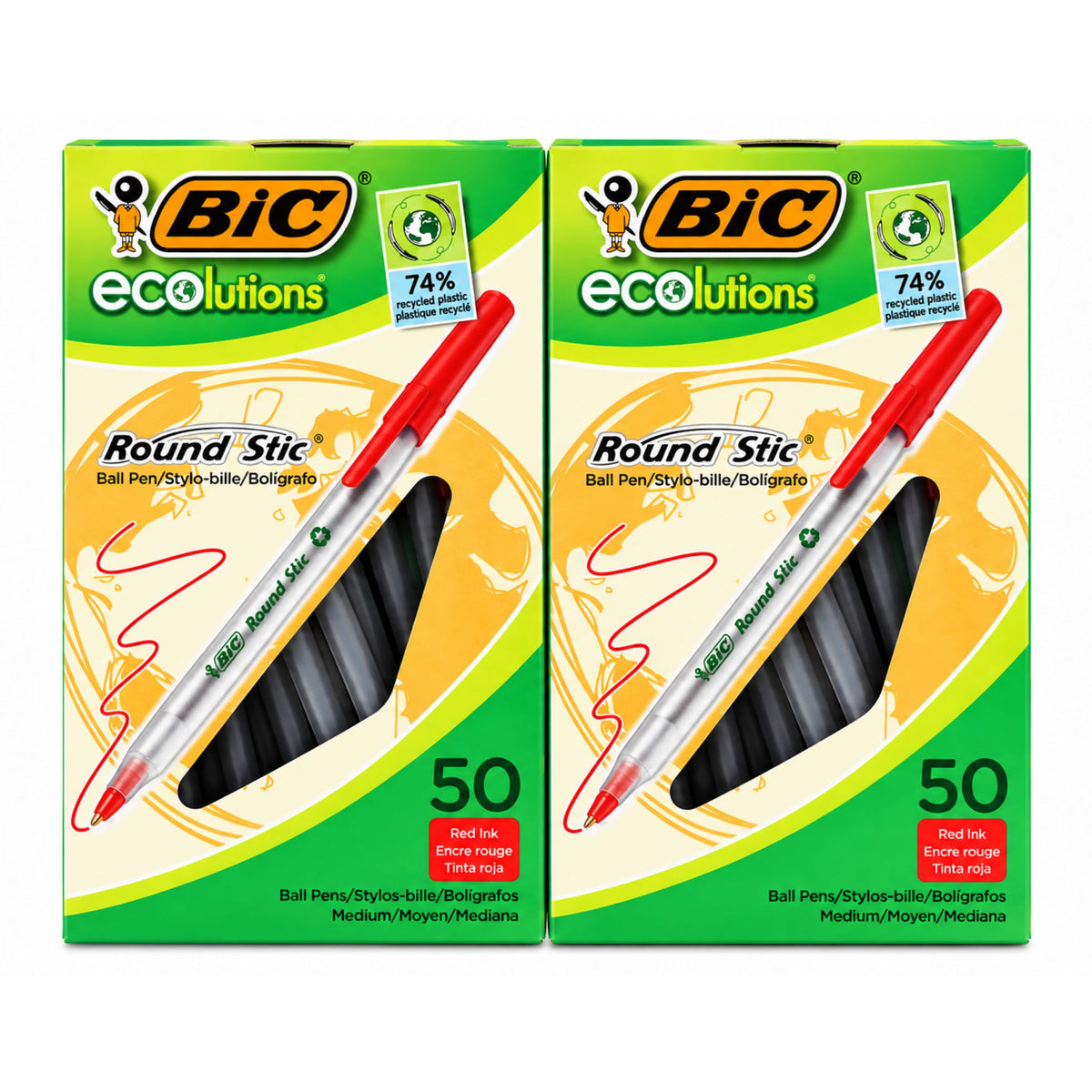 Two boxes of BIC Ecolutions Round Stic ball pen, each containing 50 red ink pens, shown side-by-side on a white background.