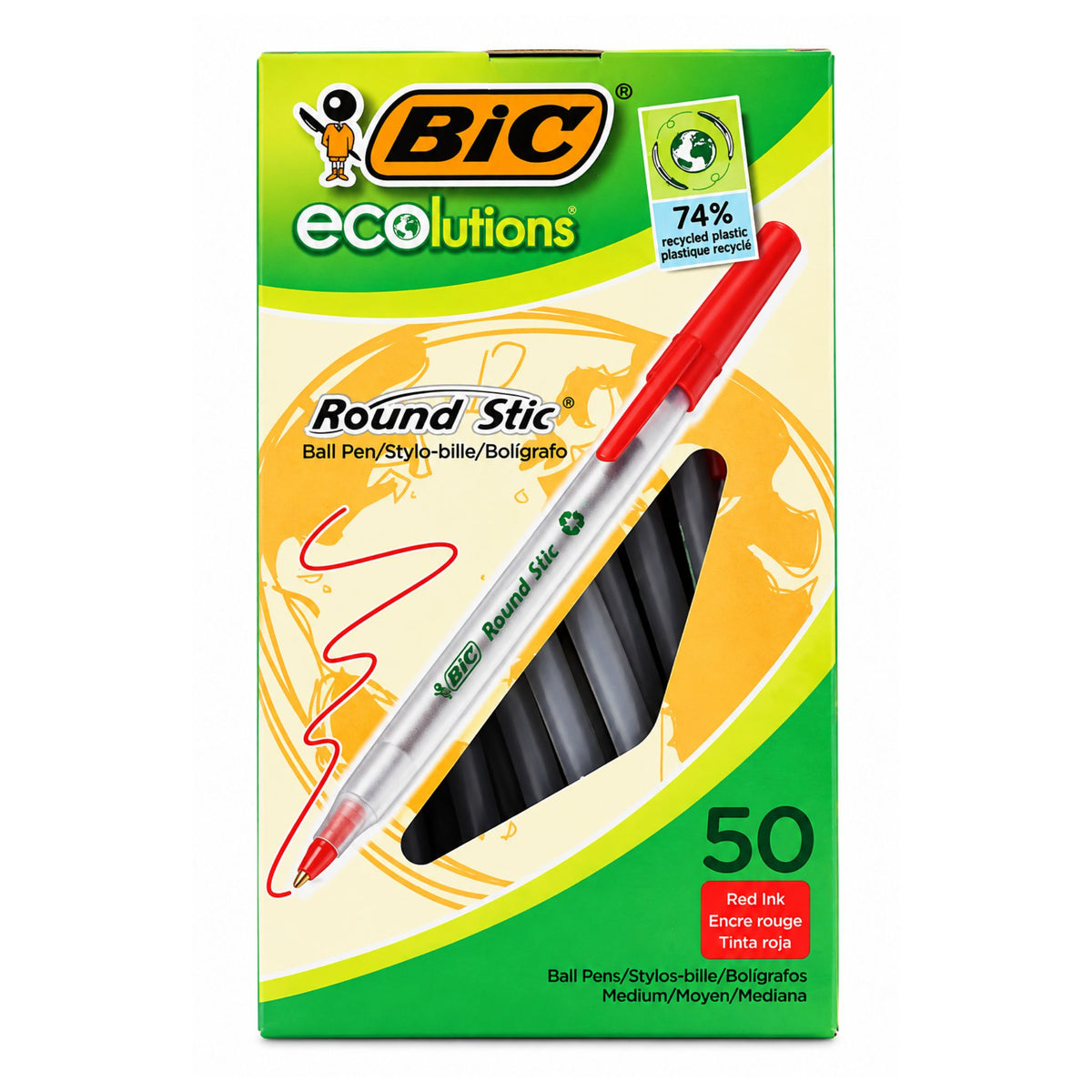 Bic eColutions Round Stic ball pen package containing 50 red ink pens, featuring a green and yellow box with a clear window showing the red pen.