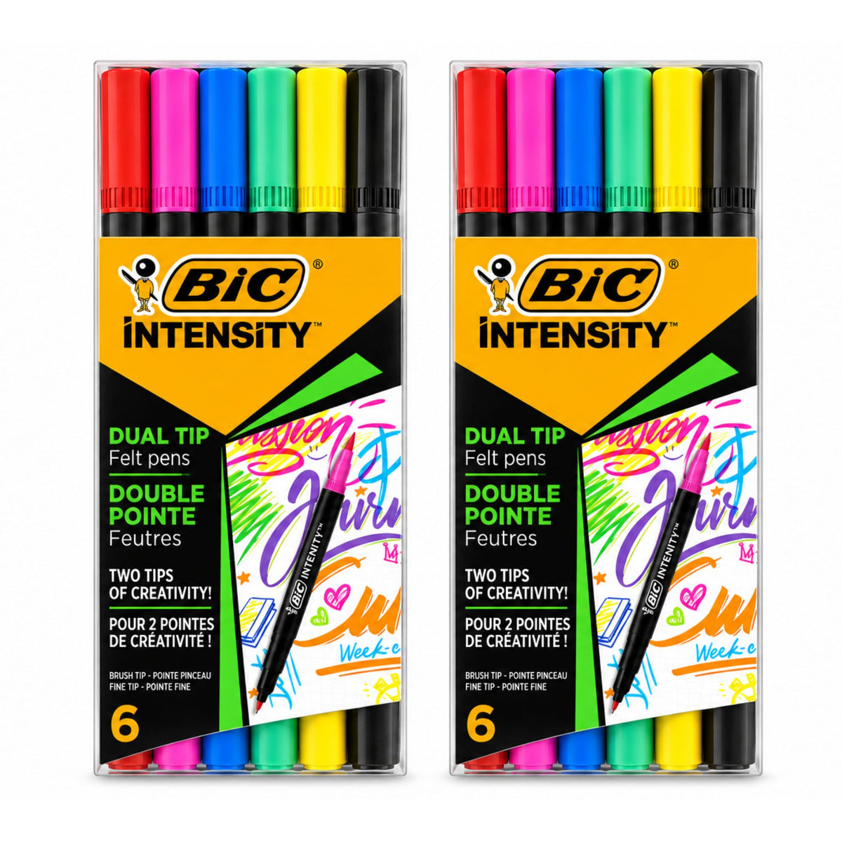 Two identical packs of BIC Intensity Dual Tip Felt pens in clear plastic boxes, each containing six colorful pens with black caps, shown on a plain white background.