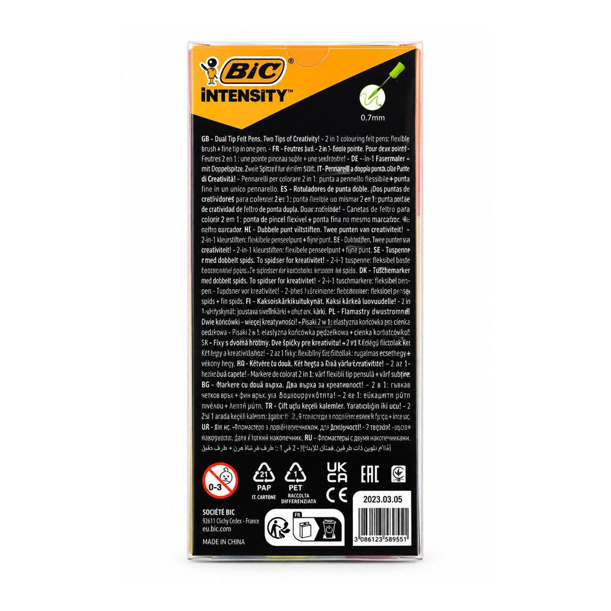 The back of a BIC Intensity 42mm ballpoint pen box, featuring extensive product information, warnings, and barcodes on a white background.